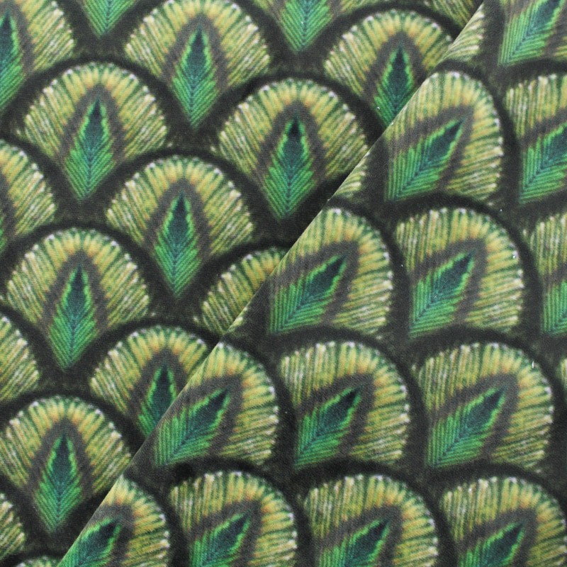 Peacock digital print velvet fabric green