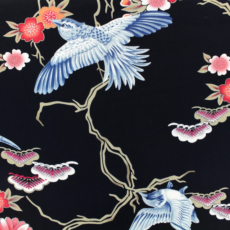 Japanese flowers muslin Fabric black and blue x 20cm Ma Petite Mercerie