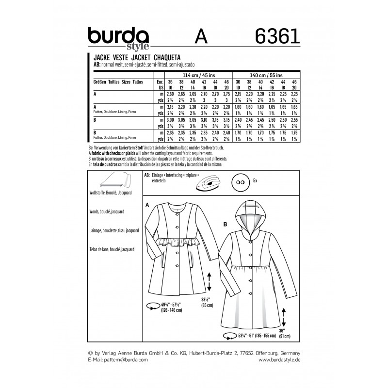 Patron veste femme Burda N°6361 Patron veste femme Burda N°6361