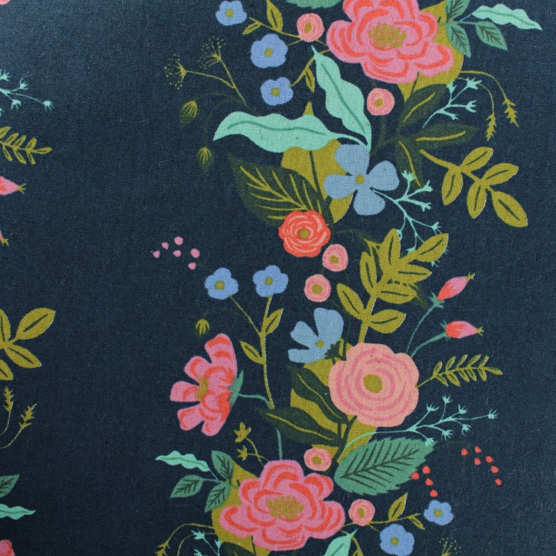 Cotton Canvas Steel x Rifle Paper patterned fabric Blue Garden Vines