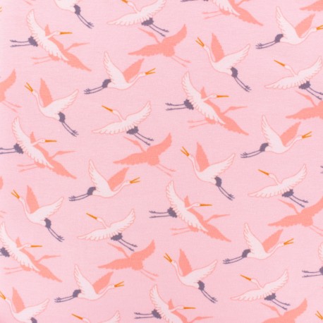 Poppy French Terry fabric - light pink Crane Birds x 10cm