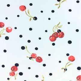 leaves and dots on navy one metre cotton poplin with small strawberries