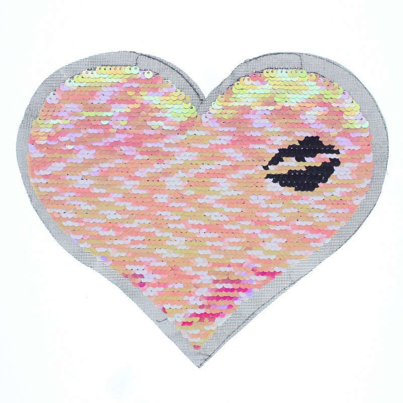 Reversible Sequin Sewing Patch Pink/Silver Iridescent Heart