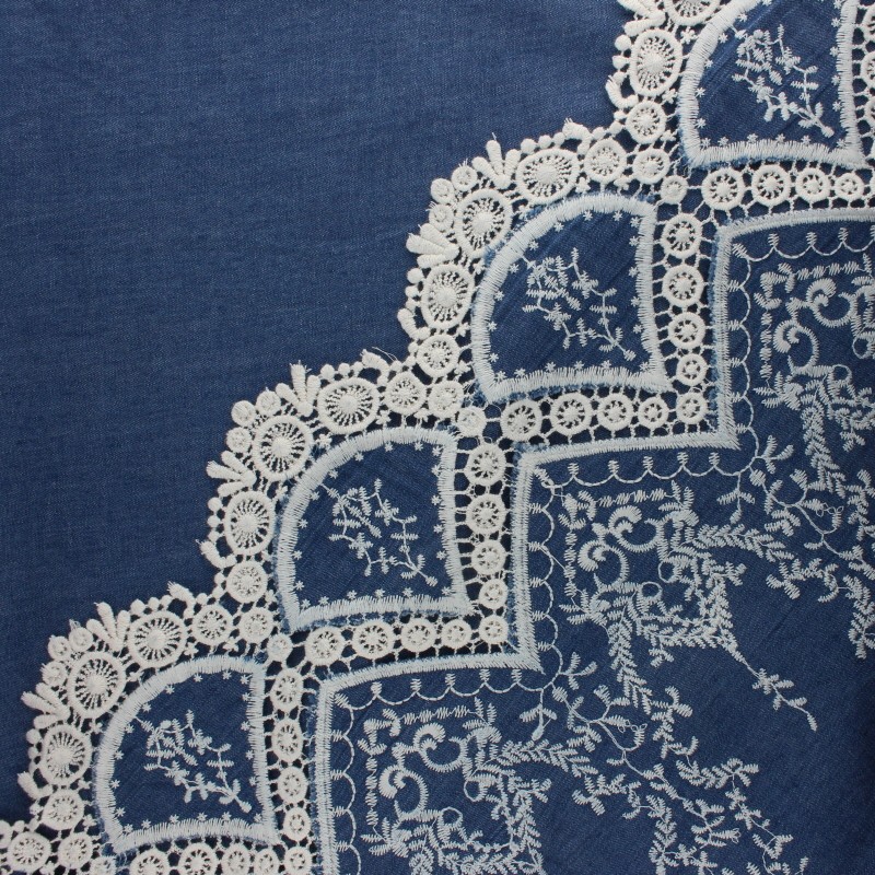 Scalloped embroidered Chambray cotton fabric blue Bastille MPM