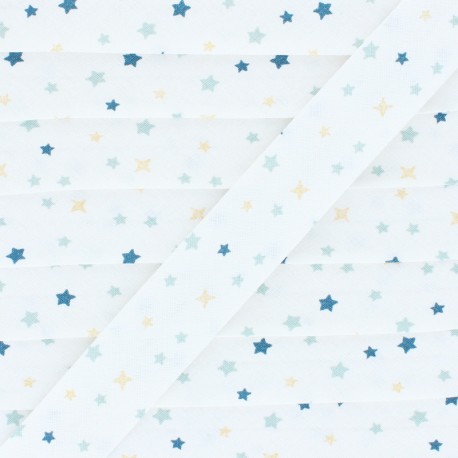 Biais Coton Flocons - Étoiles - Bleu/Doré  x 1m