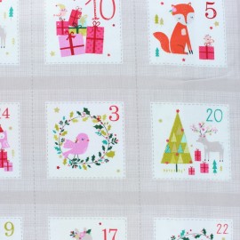 SCANDI Noël Tissu FQ Mètre Coton Rouge Gris Crème Vichy Coeur Oiseau Arbre