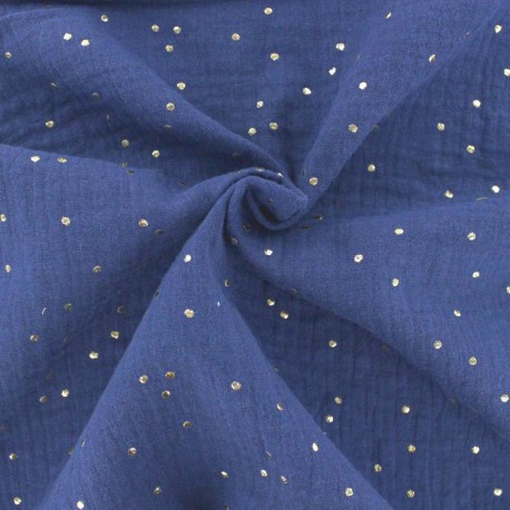 Double cotton gauze fabric - Indigo Golden Dots x 10cm