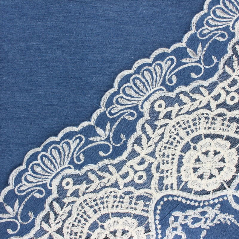 Scalloped embroidered Chambray cotton fabric blue Camille MPM