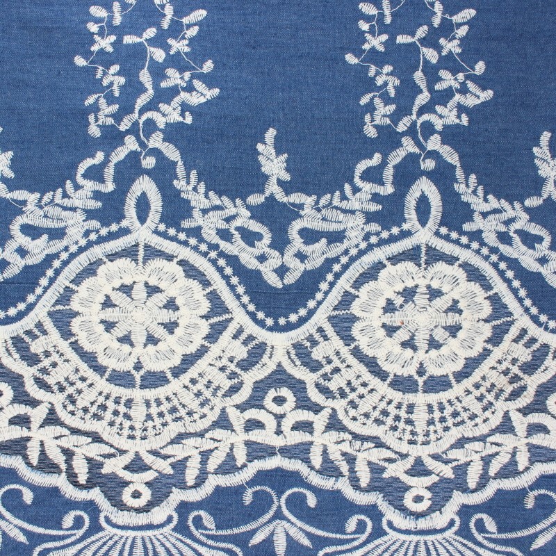 Scalloped embroidered Chambray cotton fabric blue Camille MPM