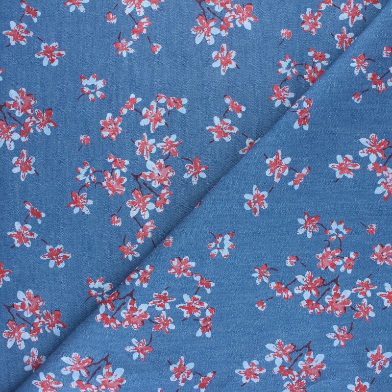 Tissu coton Chambray Flower Garden Bleu MPM