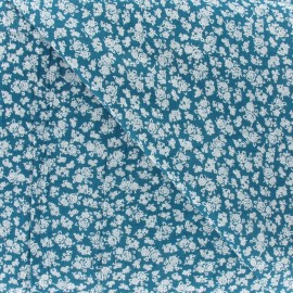 Tissu voile de coton fleuri blanc fond bleu/vert celeste  x10cm