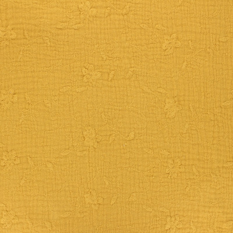 Embroidered double gauze cotton fabric mustard yellow Nina MPM