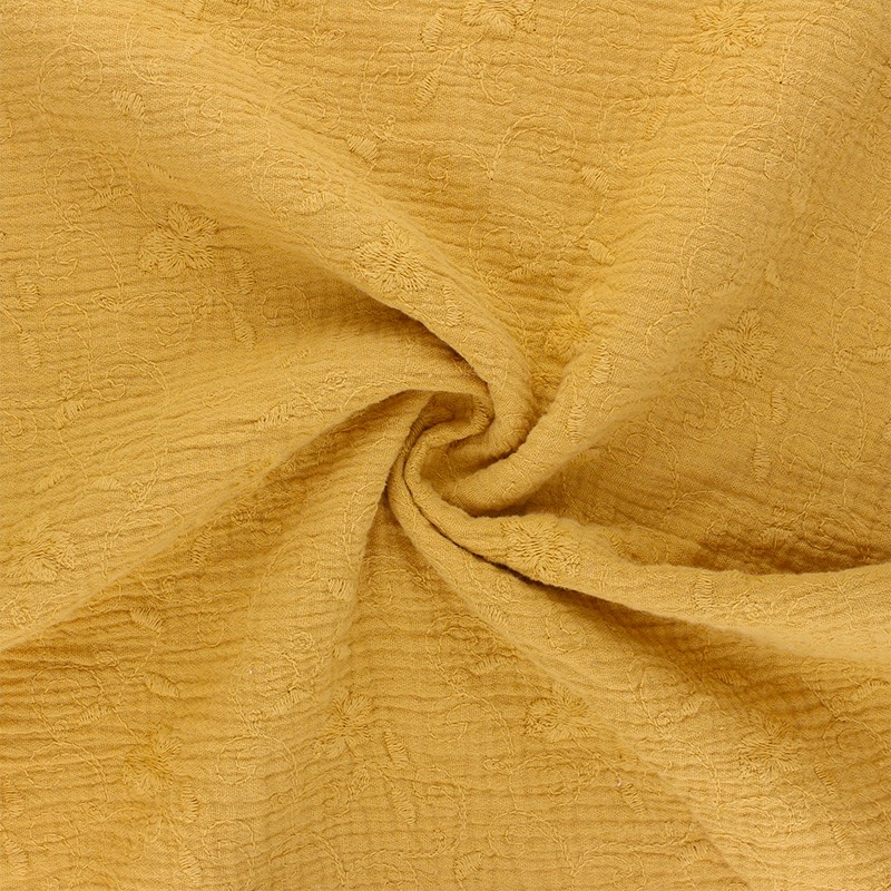 Embroidered double gauze cotton fabric mustard yellow Nina MPM