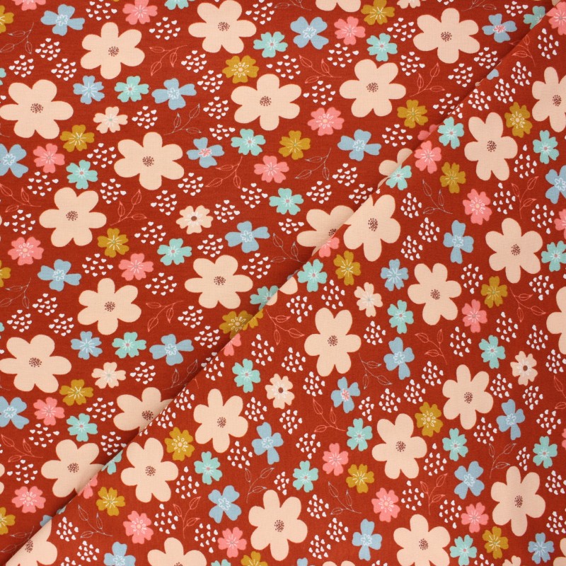 Poppy jersey fabric rust orange Flowers and hearts MPM