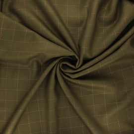♥ Coupon 50 cm X 140 cm ♥ Tissu sergé de viscose Eglantine et Zoé Carreaux Lurex Cuivré - vert kaki