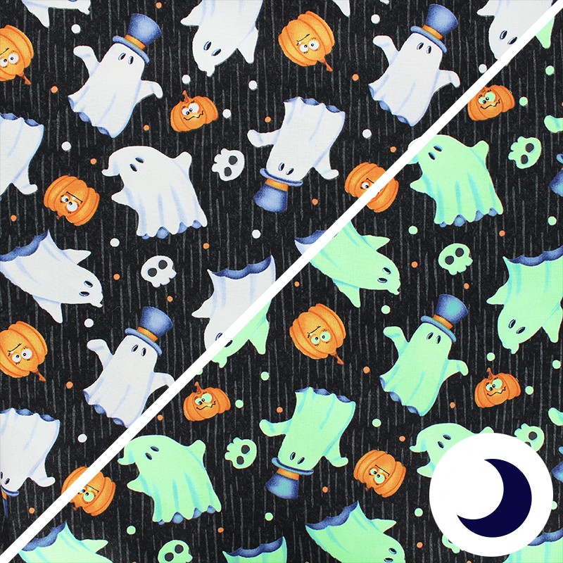 Phosphorescent Cotton fabric Glow ghosts black Ghosts