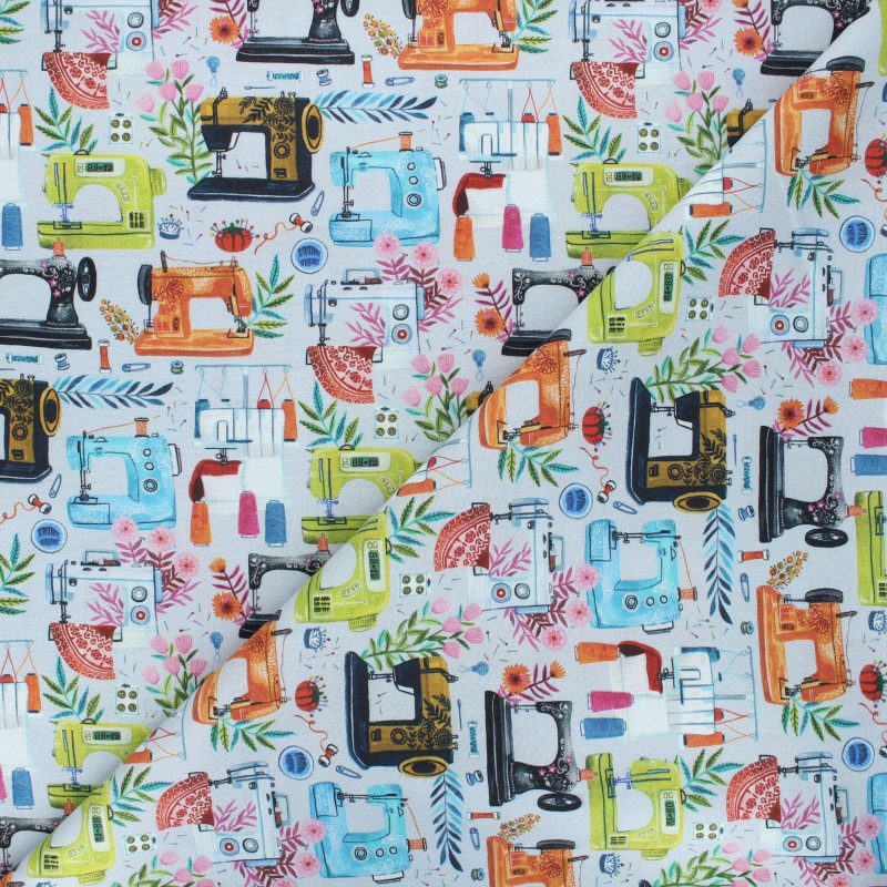 Tissu coton Dear Stella Sew Mischievous Sewing machines gris MPM