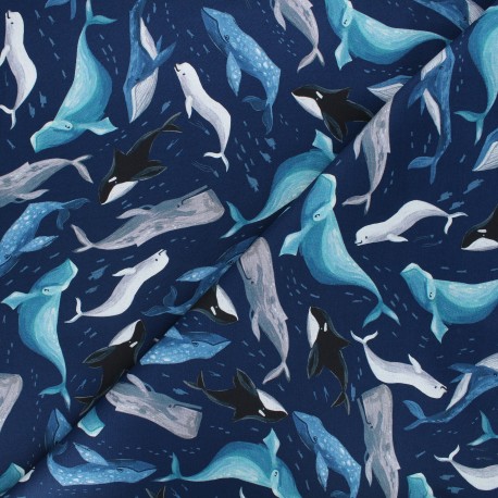 Tissu coton Dear Stella Illuminary Sea - Whales - bleu marine x 10cm