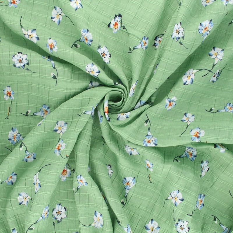 Tissu voile de coton smock Fleurs vert Ma Petite Mercerie