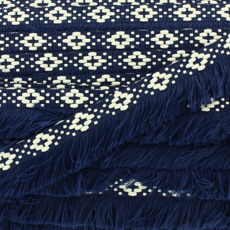GALON TISSE A VOLANT FRONCE FLEURS BLEUES SUR FOND BLANC VENDU AU METRE * GALON TISSE A VOLANT FRONCE FLEURS BLEUES SUR FOND BLANC VENDU AU METRE *